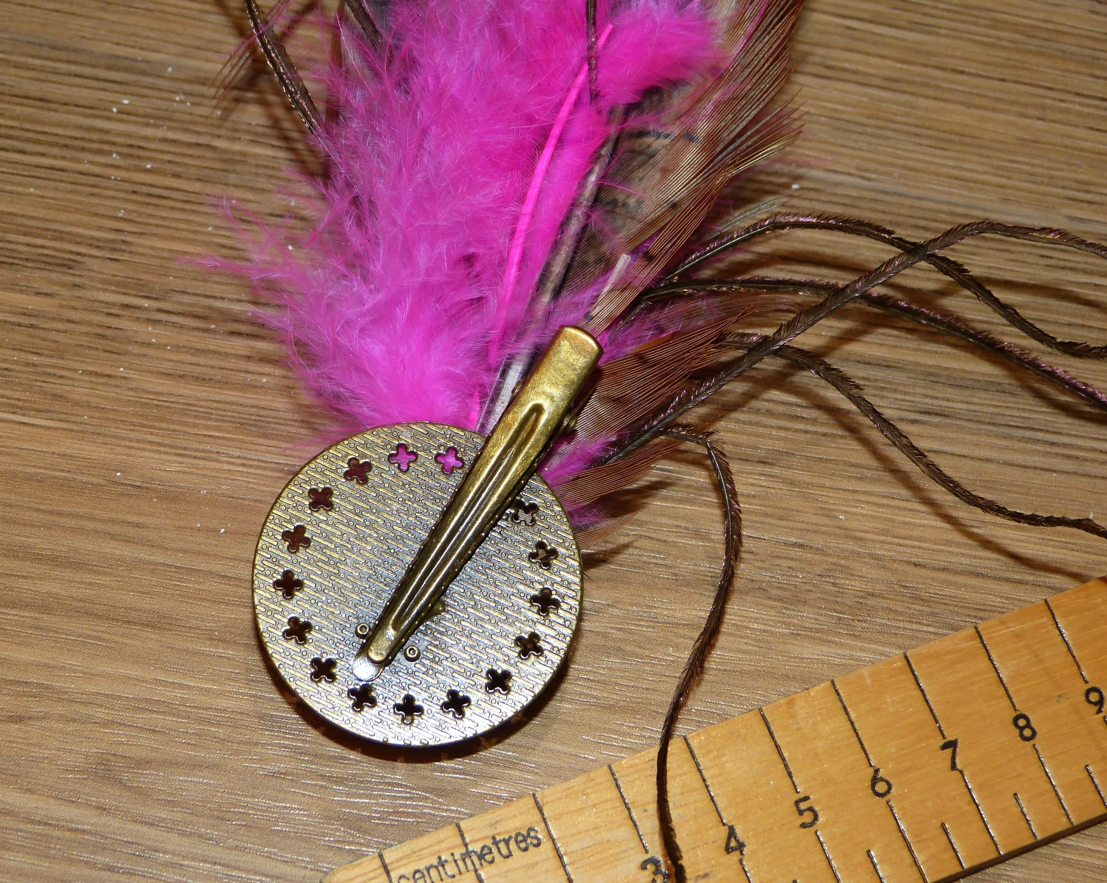 Feather Brooch or Hat Pin with Curled Pheasant Tail Feather.