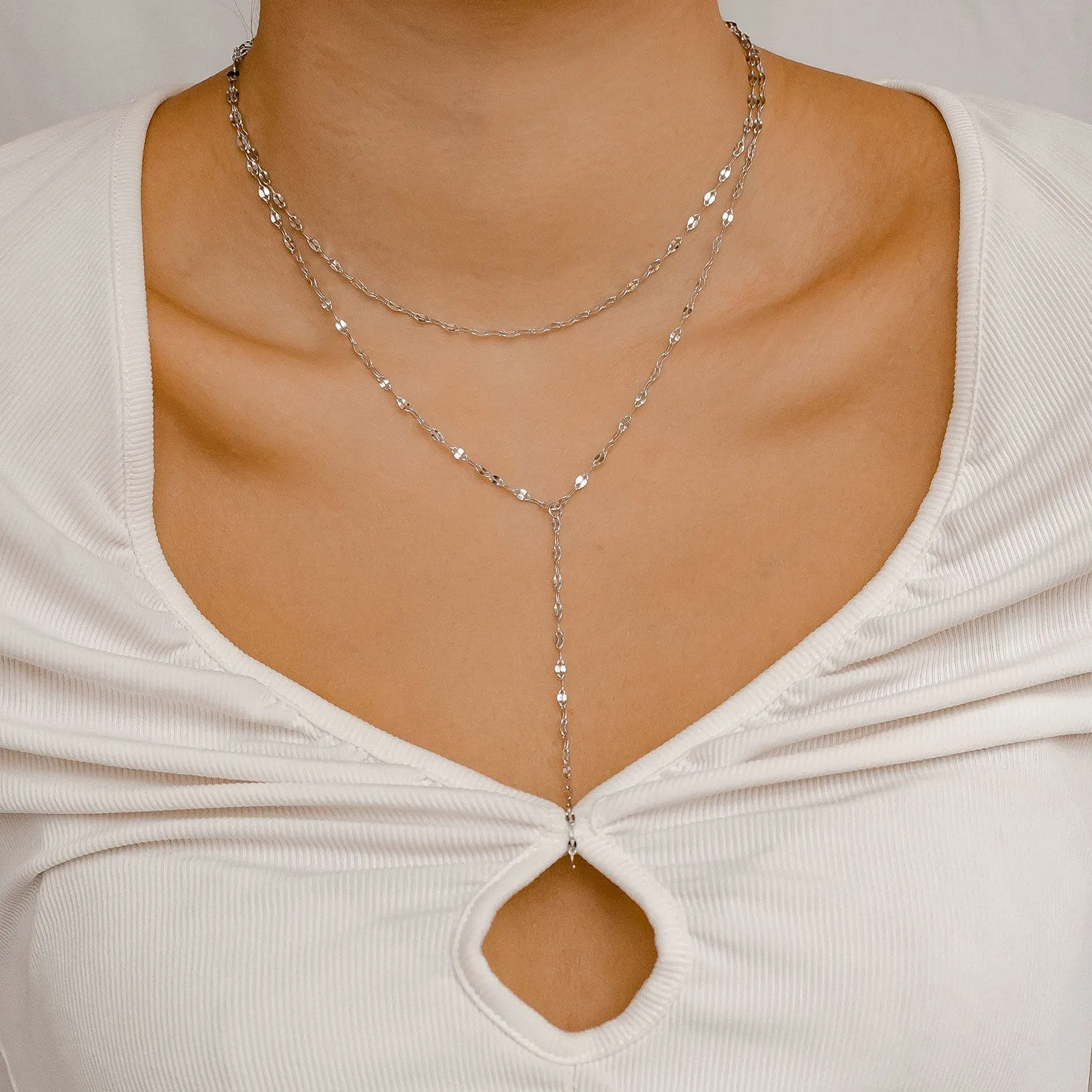 Flattened Chain Link Y Necklace Silver