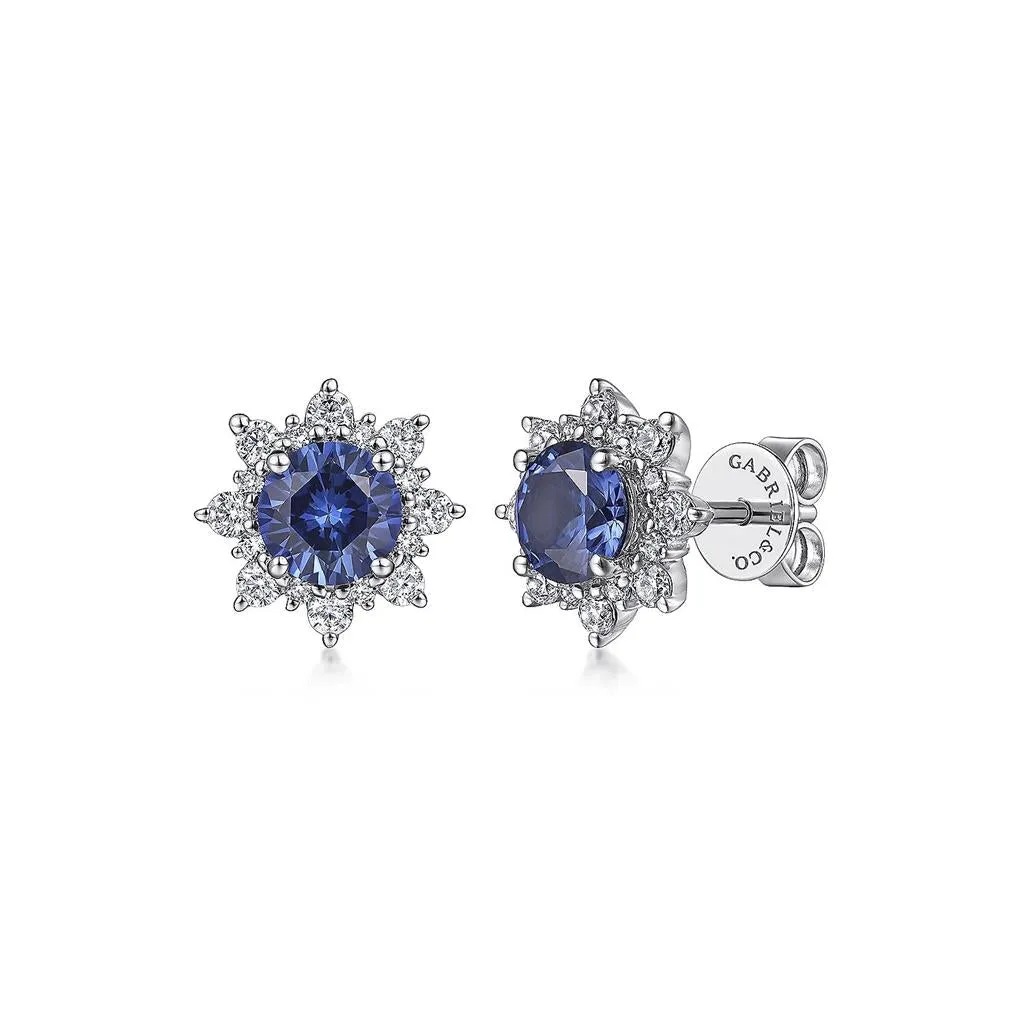 Gabriel & Co 14K White Gold Diamond and Blue Sapphire Starburst Stud Earrings