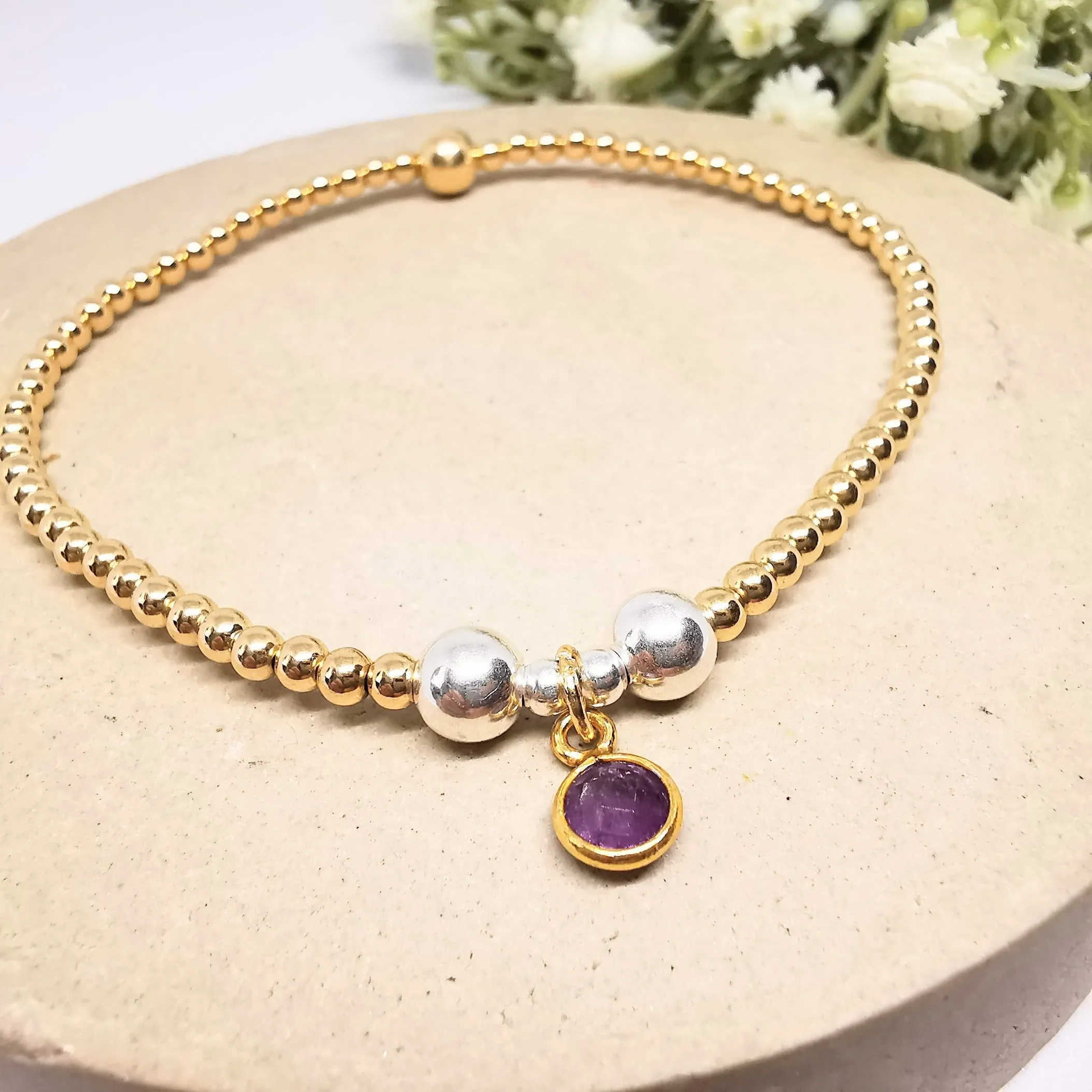 Gold Bead Bracelet with Amethyst