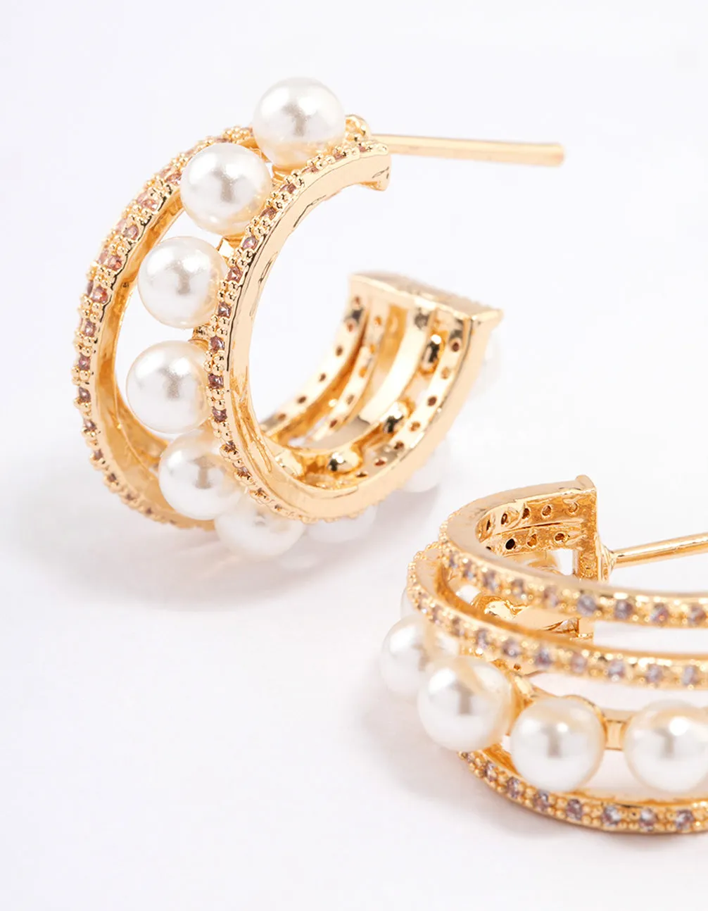 Gold Plated Cubic Zirconia Pearl Layered Small Earrings