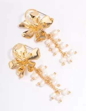 Gold Plated Large Flower Freshwater Pearls Cluster Earrings