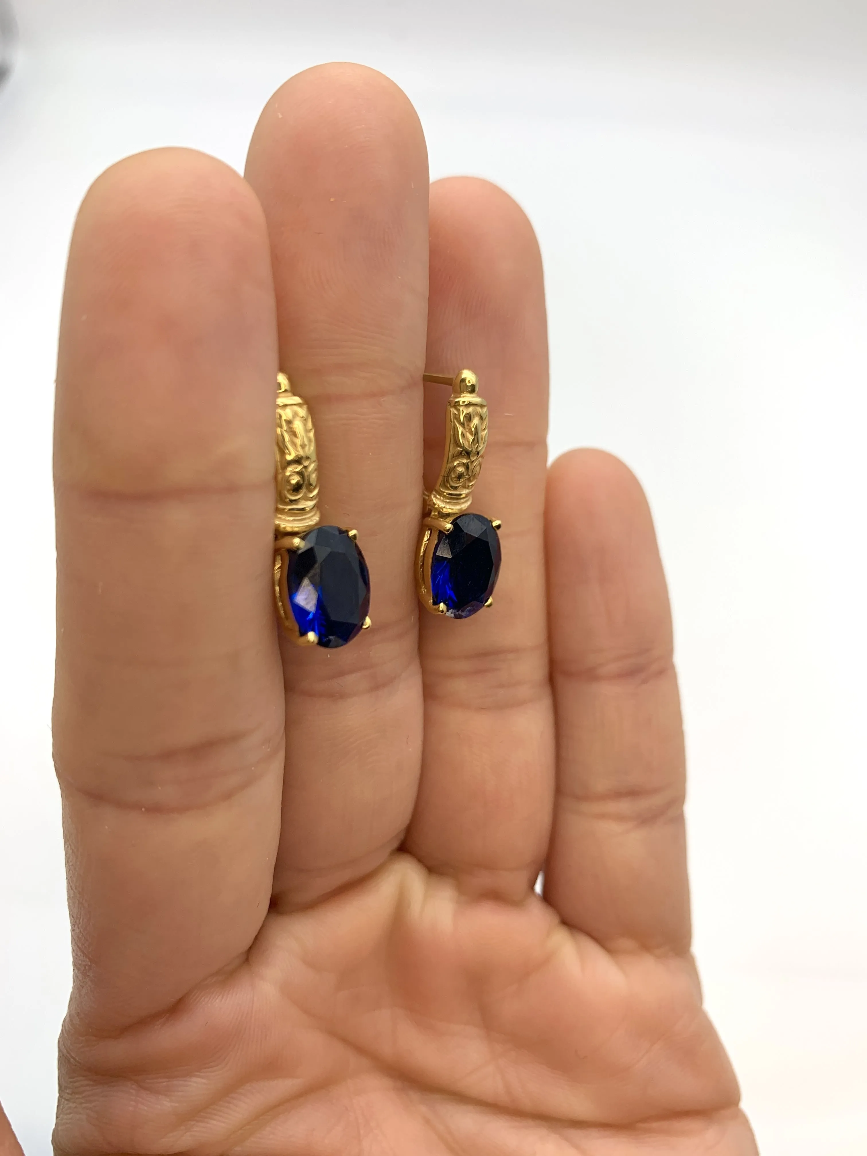 Gold Sapphire Earrings - Blue Diamond Earrings - Vintage Tribal Earrings