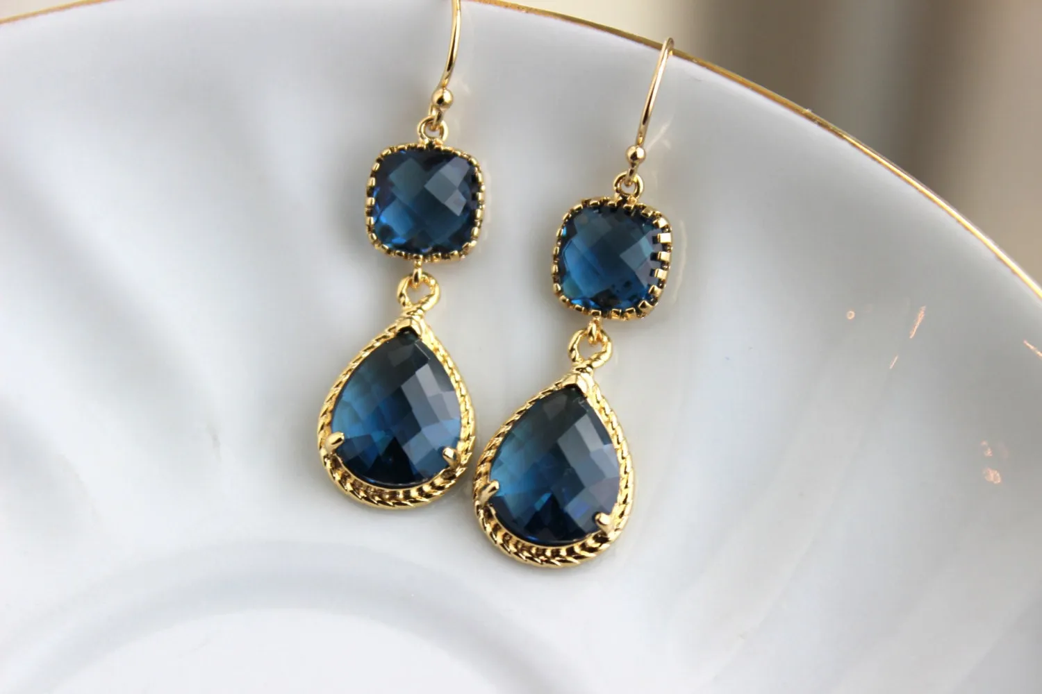 Gold Sapphire Earrings Navy Blue Jewelry Teardrop Glass Two Tier - Sapphire Bridesmaid Earrings Navy Blue Wedding Jewelry - Something Blue