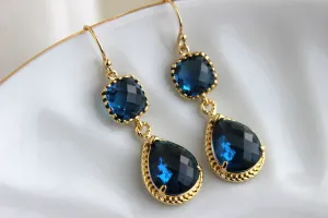 Gold Sapphire Earrings Navy Blue Jewelry Teardrop Glass Two Tier - Sapphire Bridesmaid Earrings Navy Blue Wedding Jewelry - Something Blue