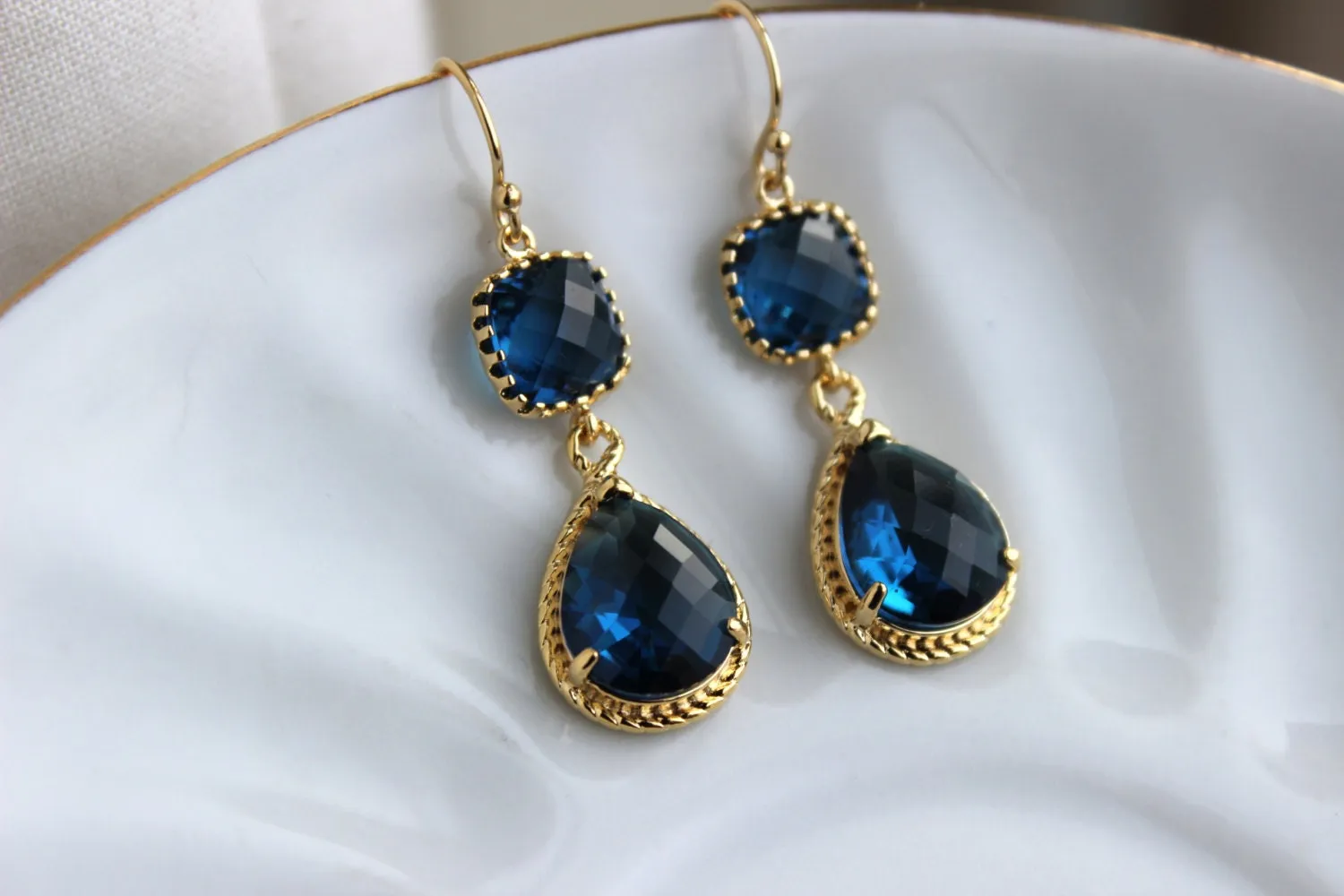 Gold Sapphire Earrings Navy Blue Jewelry Teardrop Glass Two Tier - Sapphire Bridesmaid Earrings Navy Blue Wedding Jewelry - Something Blue