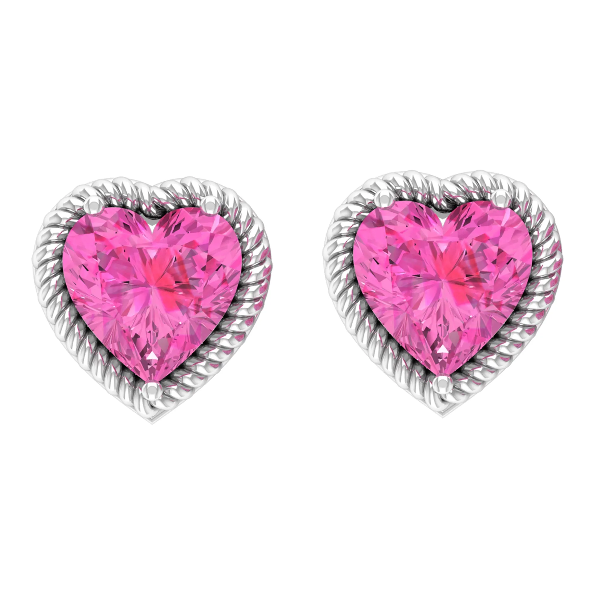 Heart Shape Pink Sapphire Solitaire Stud Earrings in Rope Frame