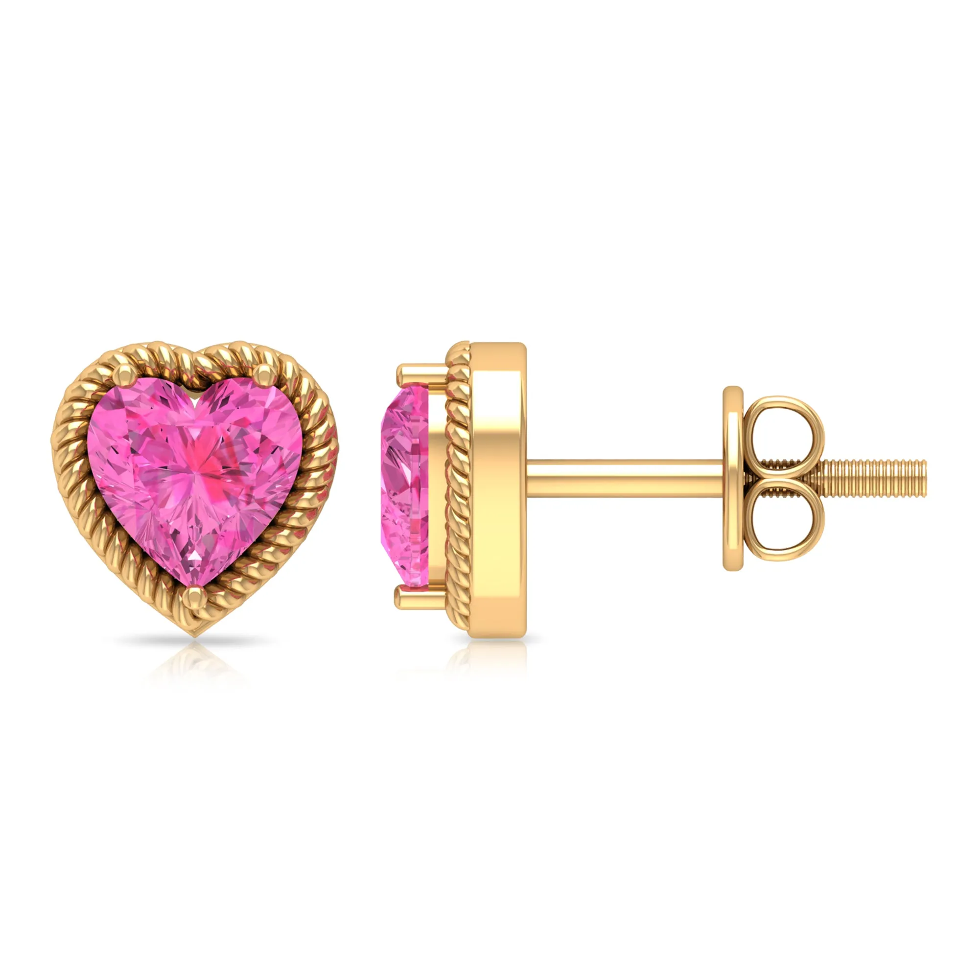 Heart Shape Pink Sapphire Solitaire Stud Earrings in Rope Frame