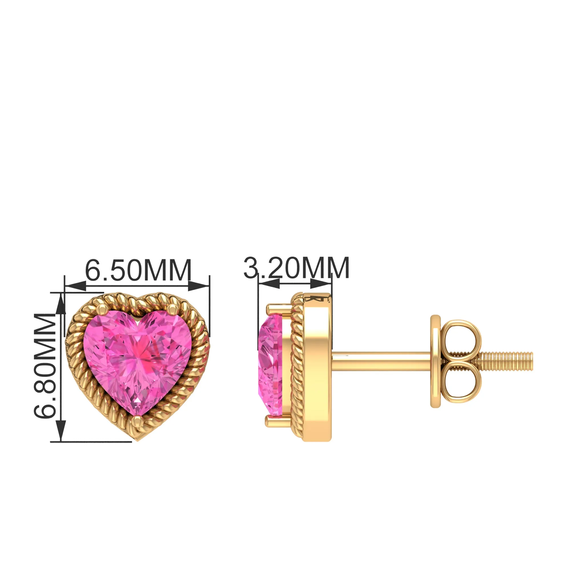 Heart Shape Pink Sapphire Solitaire Stud Earrings in Rope Frame