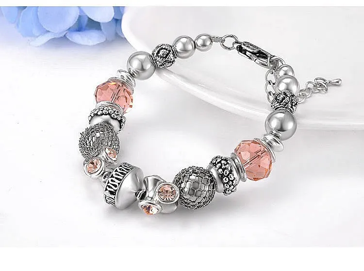 Hot Sell 925 Silver Crystal Charm Shambala Bracelets Women Glass Beads Bracelets & Bangles Handmade DIY Jewelry