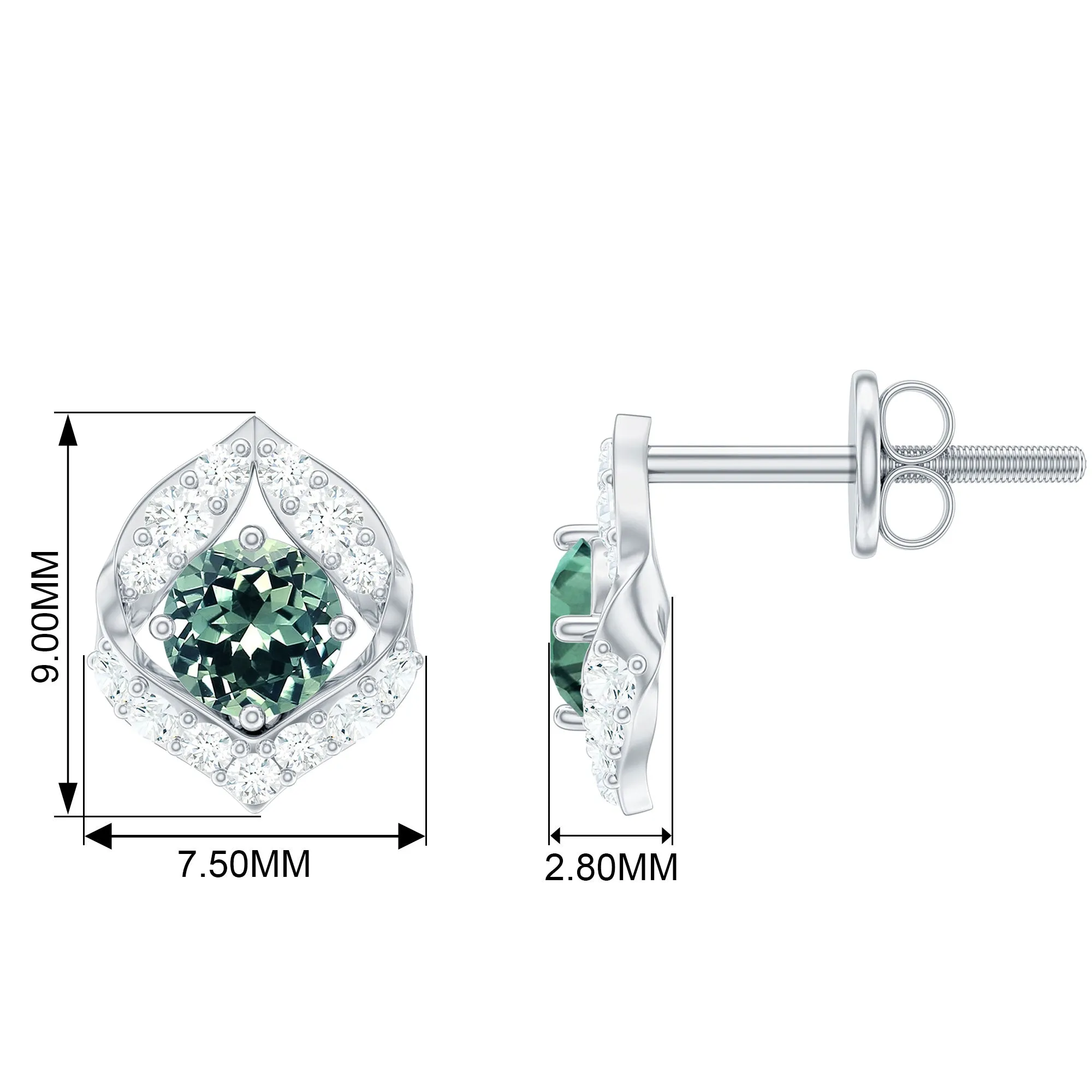 Lab Grown Green Sapphire Stud Earrings with Diamond