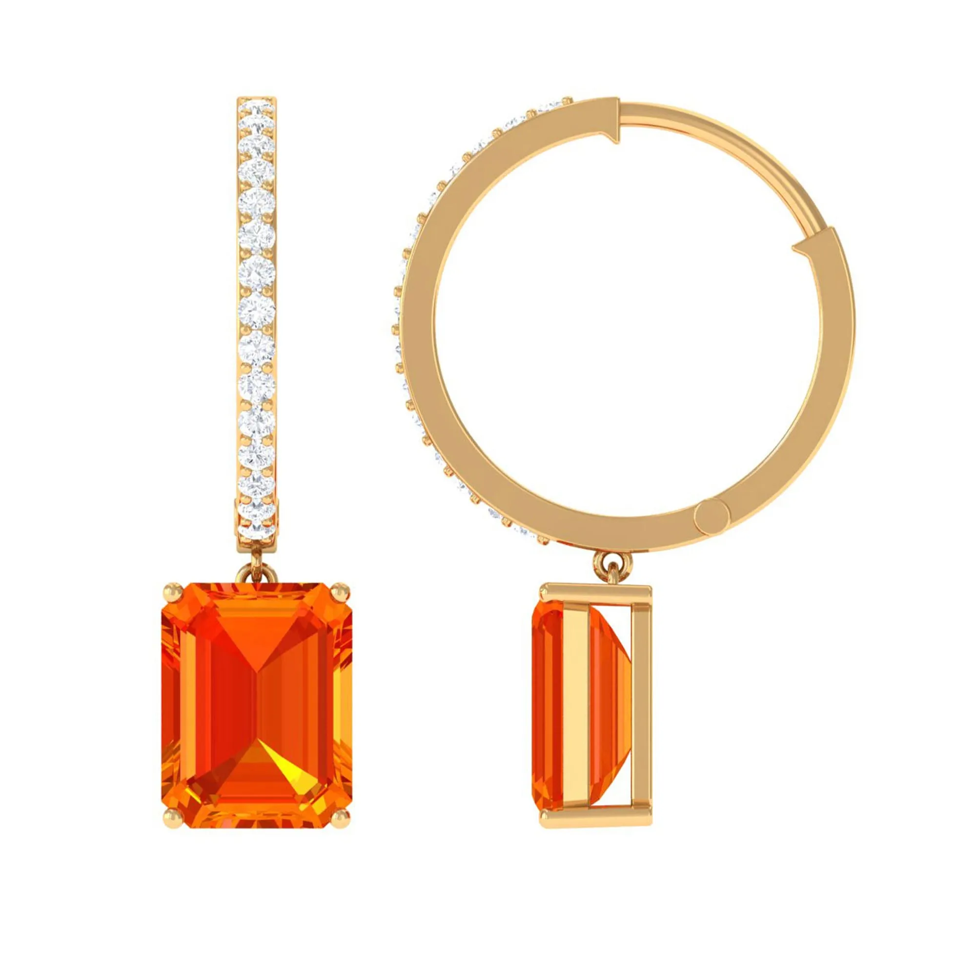 Lab Grown Orange Sapphire Drop Hoop Earrings with Diamond