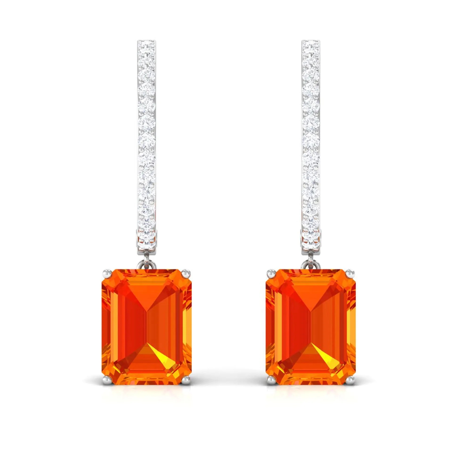 Lab Grown Orange Sapphire Drop Hoop Earrings with Diamond