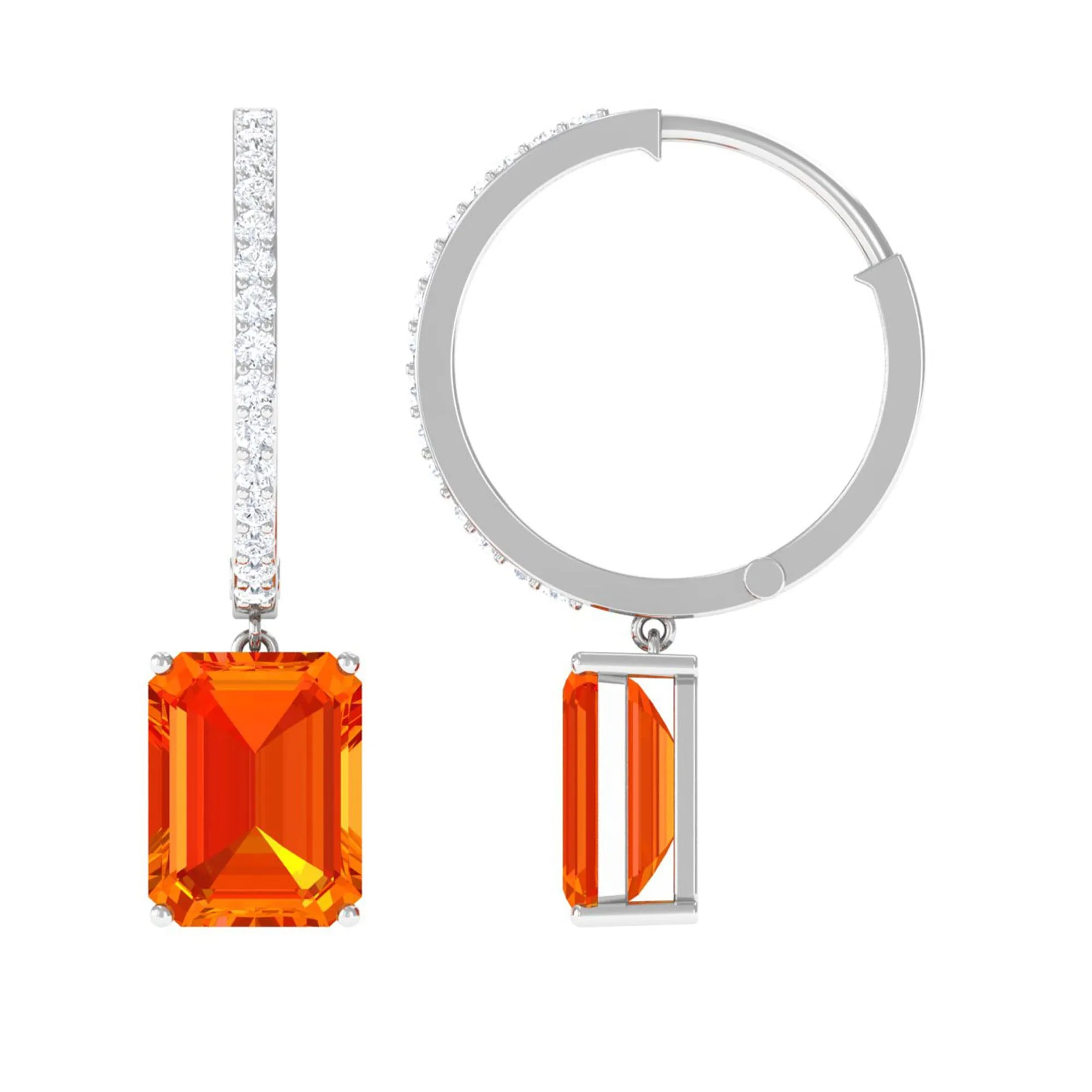 Lab Grown Orange Sapphire Drop Hoop Earrings with Diamond