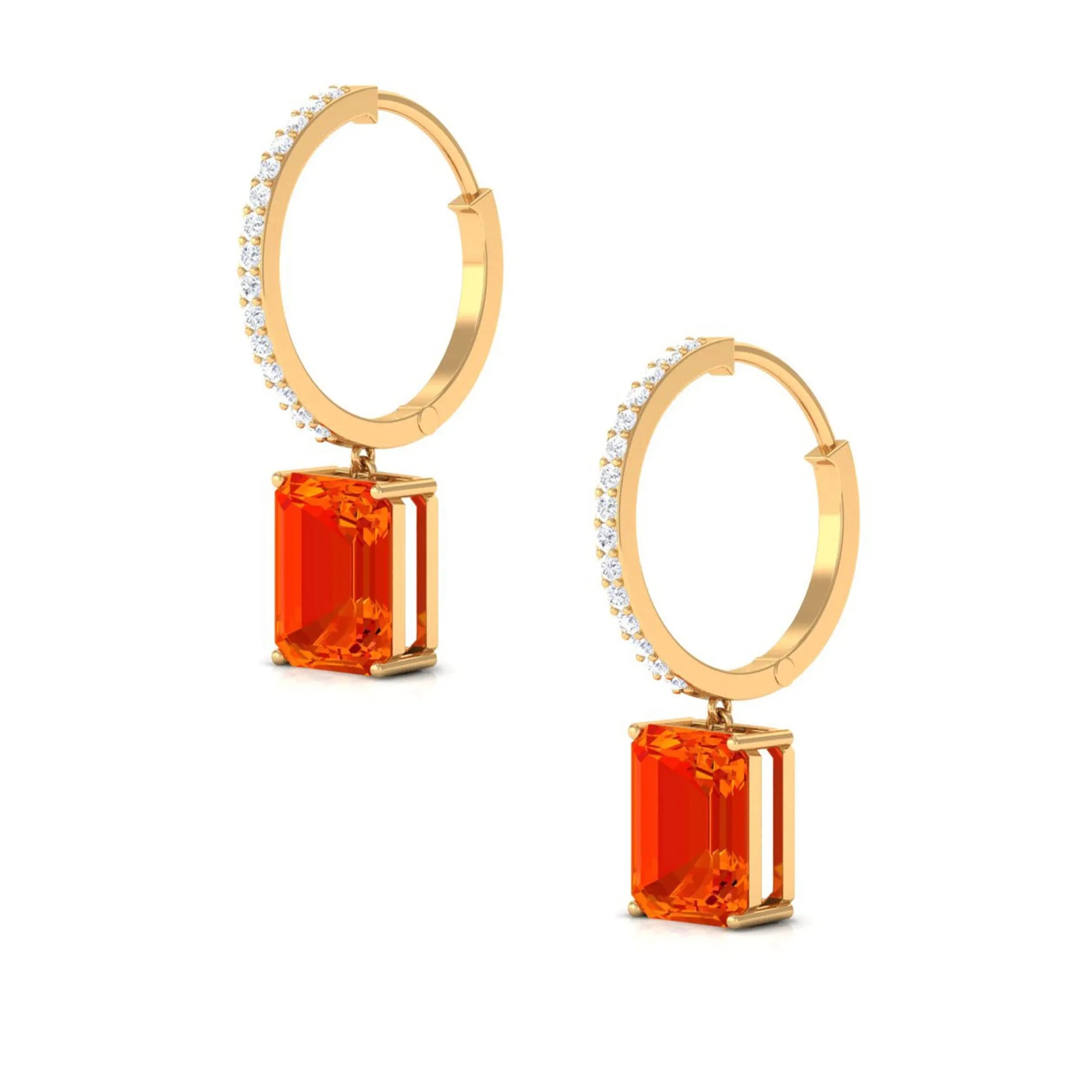 Lab Grown Orange Sapphire Drop Hoop Earrings with Diamond