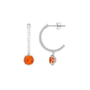 Lab Grown Orange Sapphire Hoop Drop Earrings with Diamond