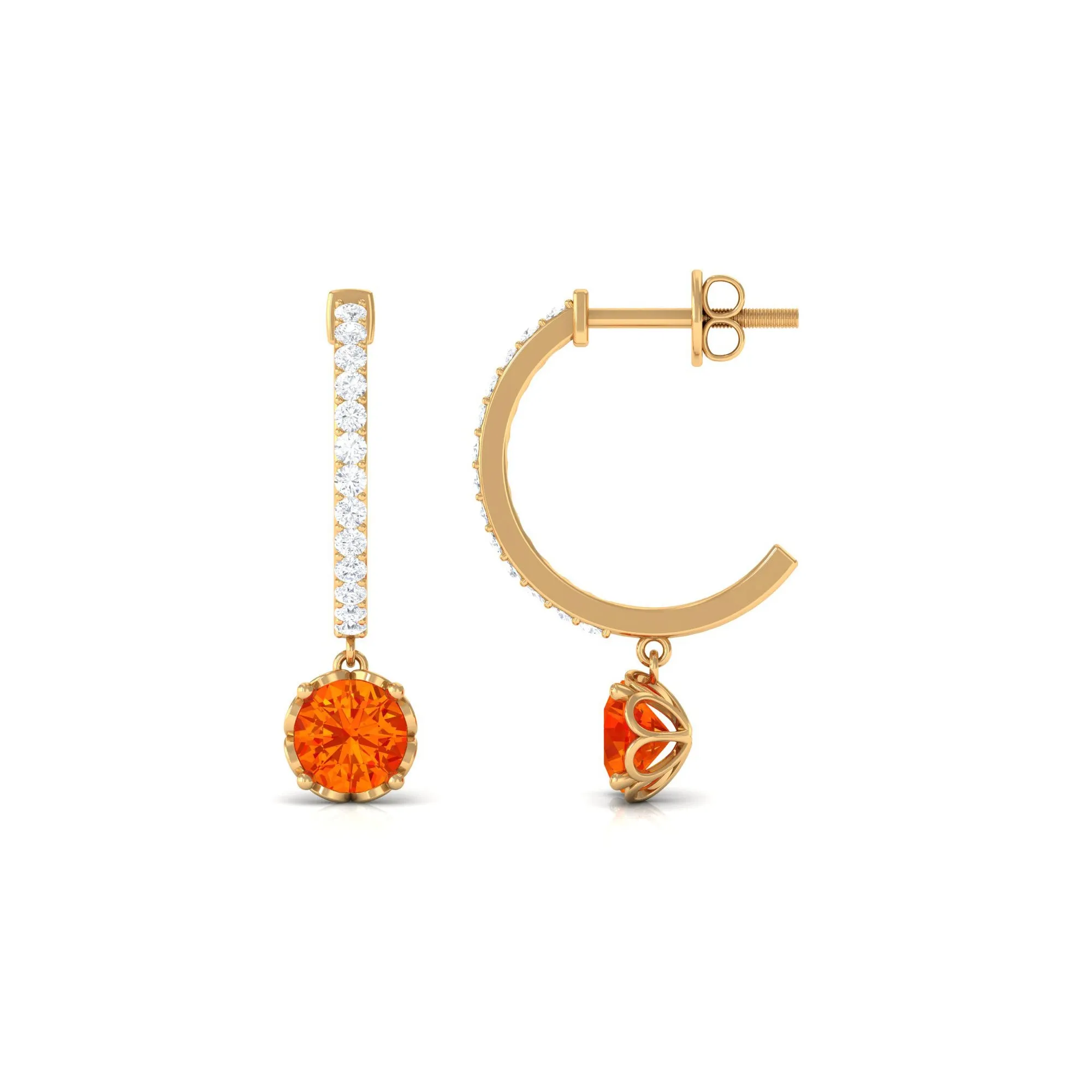 Lab Grown Orange Sapphire Hoop Drop Earrings with Diamond