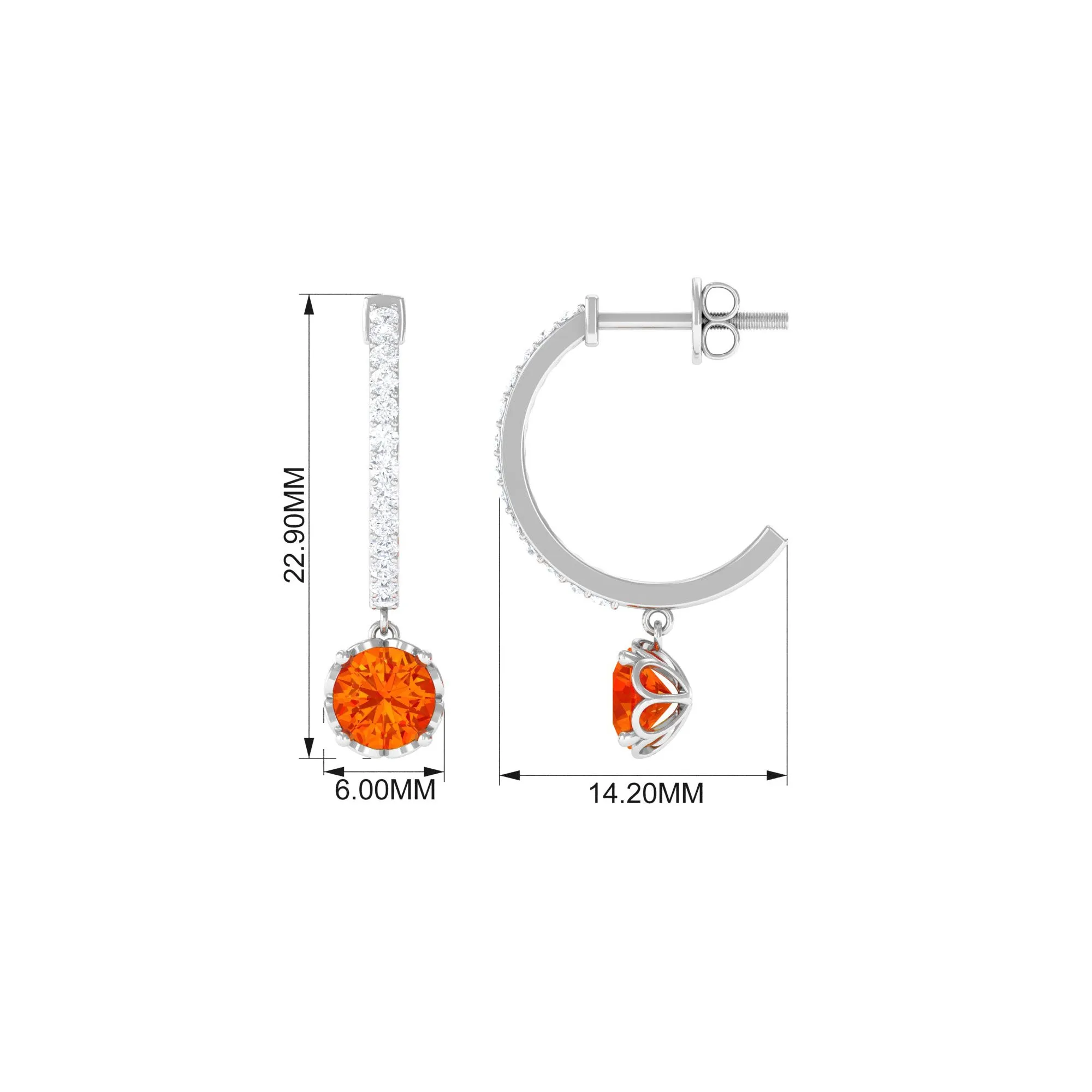 Lab Grown Orange Sapphire Hoop Drop Earrings with Diamond