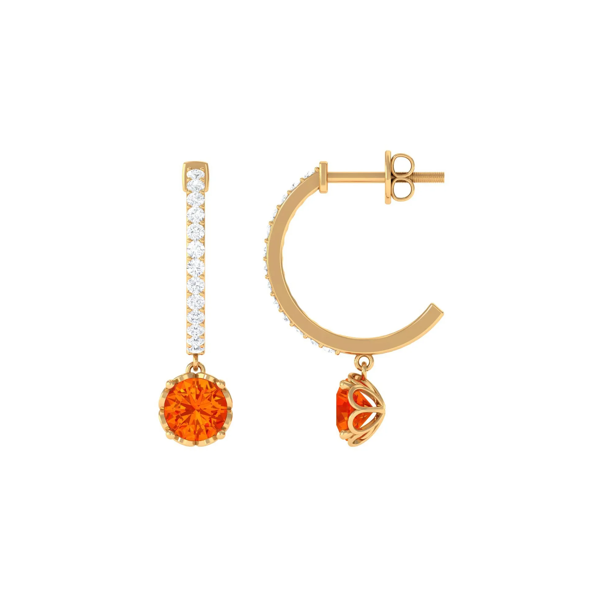 Lab Grown Orange Sapphire Hoop Drop Earrings with Diamond