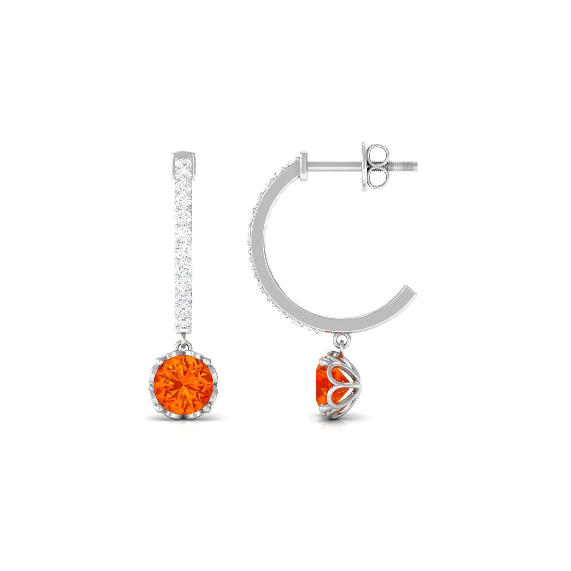 Lab Grown Orange Sapphire Hoop Drop Earrings with Diamond