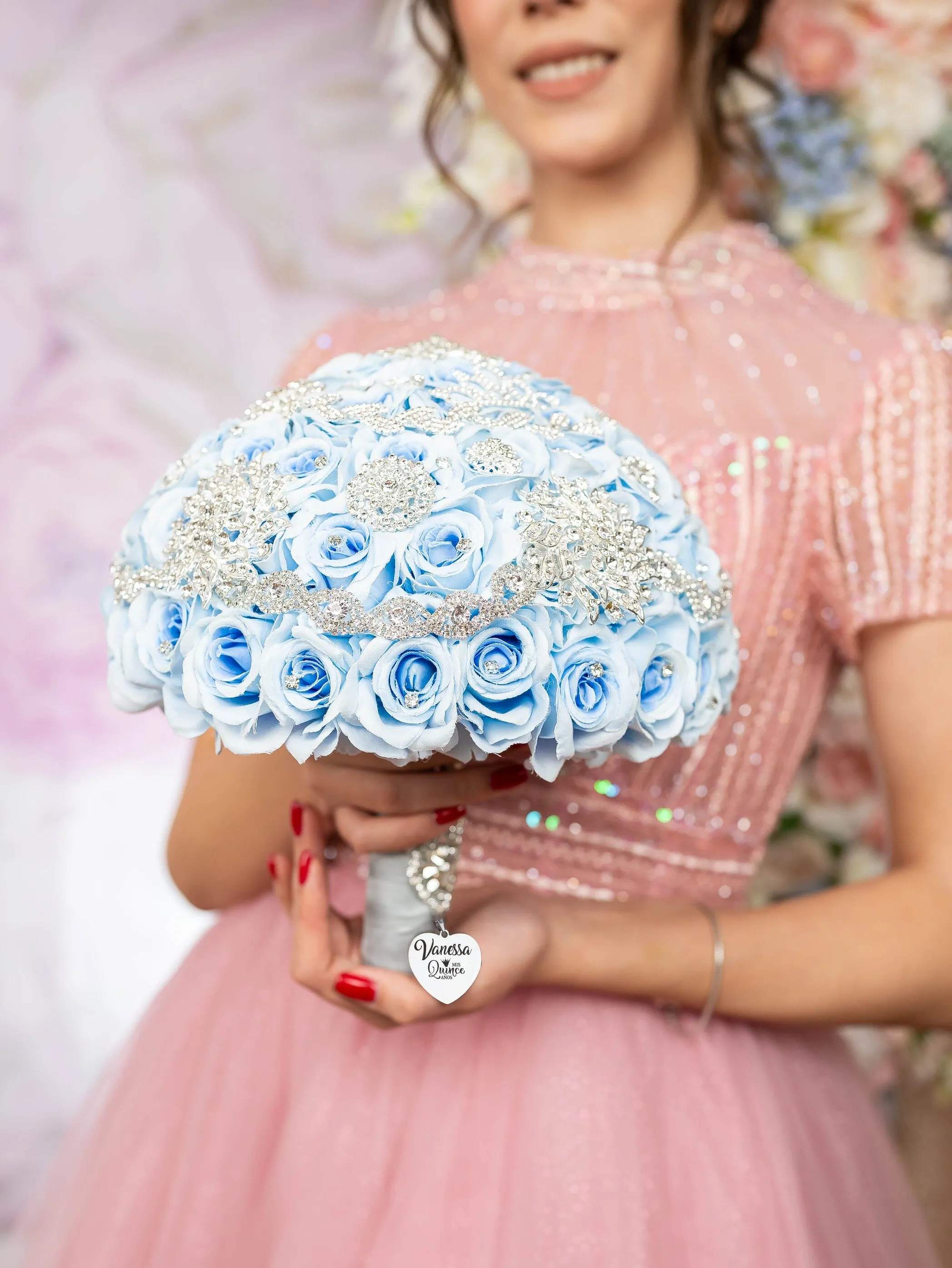 Light blue quinceanera bouquet 13 inches