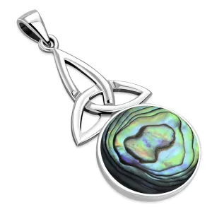 Long Celtic Trinity Knot Abalone Shell Silver Pendant