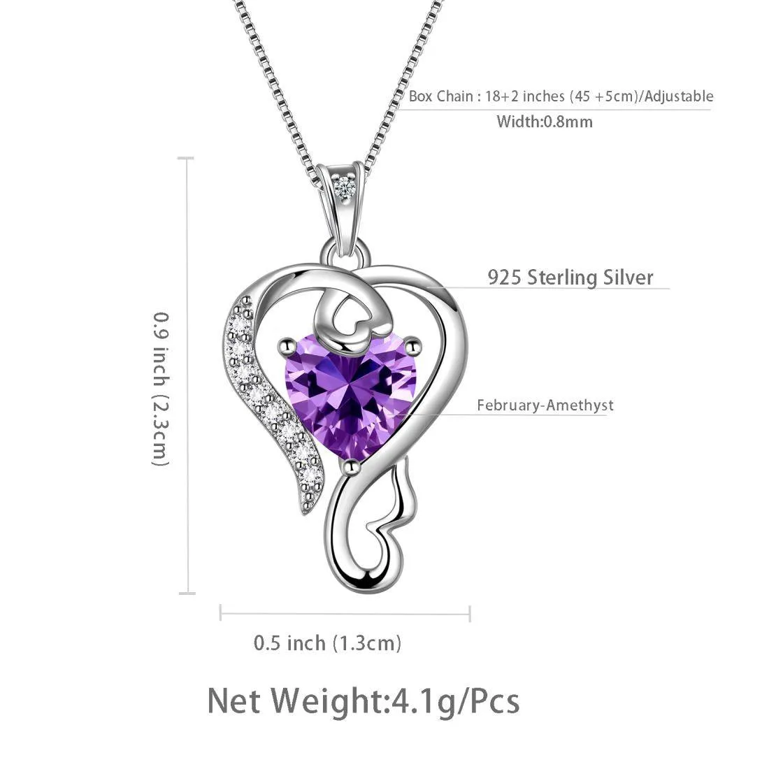 Love Heart Birthstone February Amethyst Necklace Pendant Women Girls Jewelry Birthday Gift