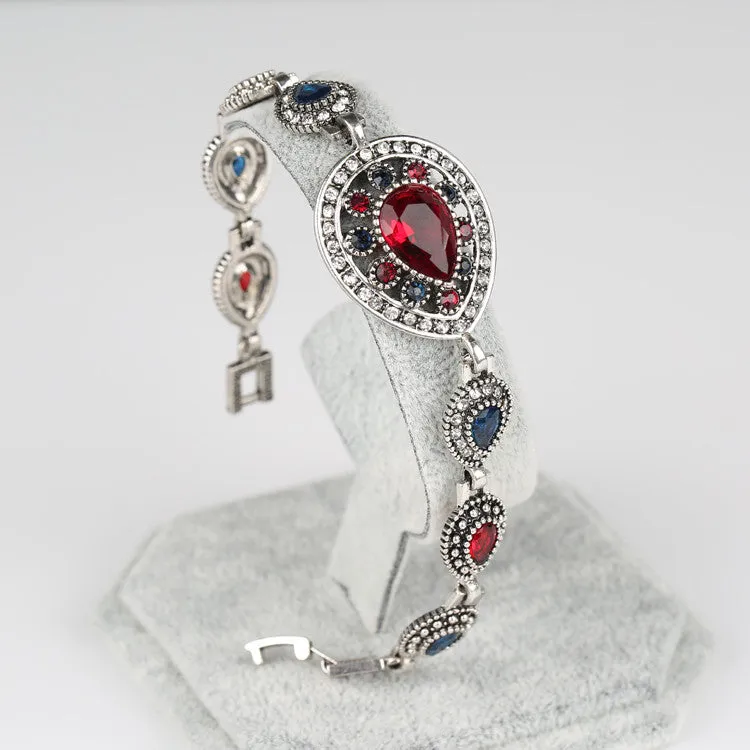 Luxury Indian Jewelry 925 Sterling Silver Ruby Bracelets For Women Vintage Look Hollow Out Water Drop White Crystal party Gift