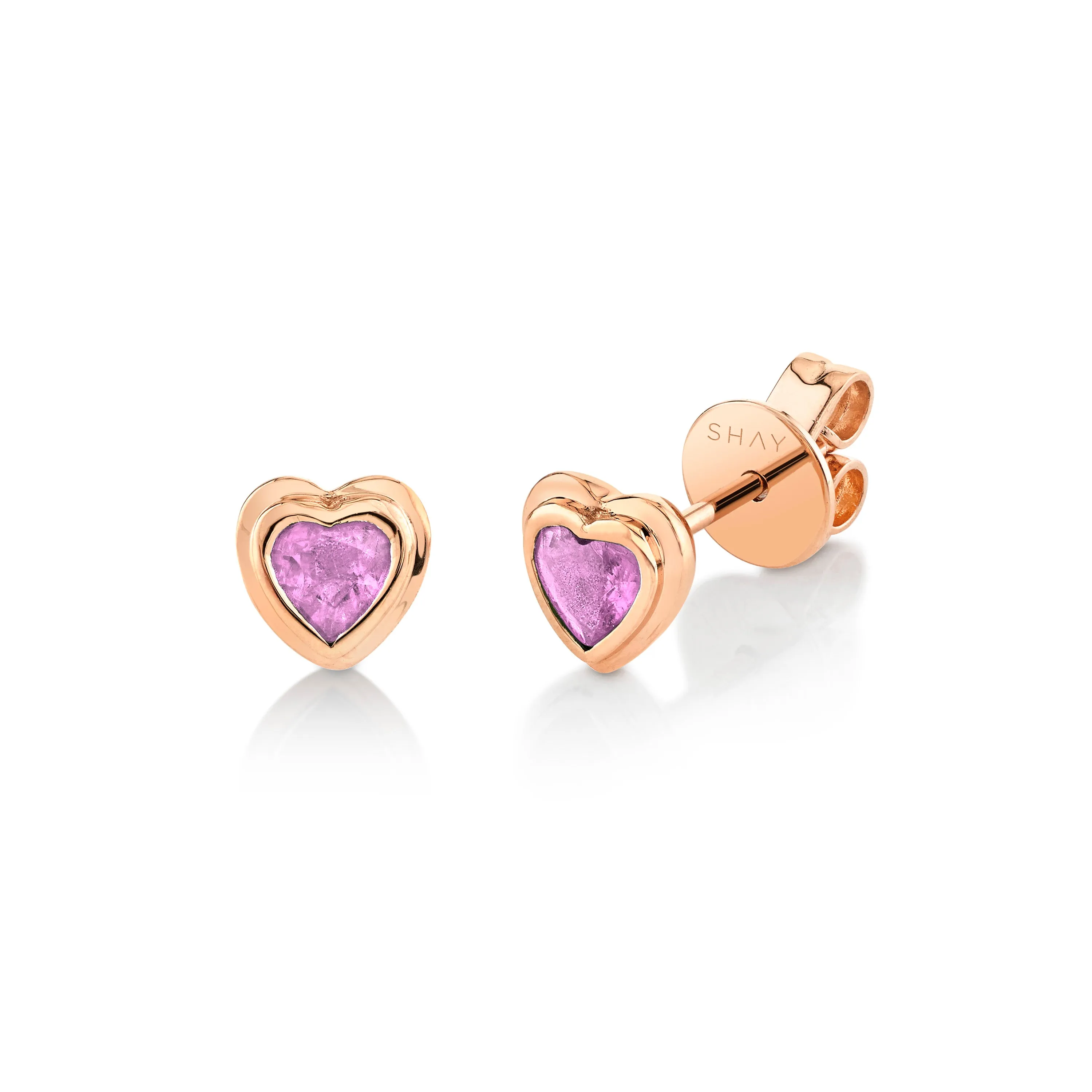 MINI ME PINK SAPPHIRE BEZEL HEART STUDS