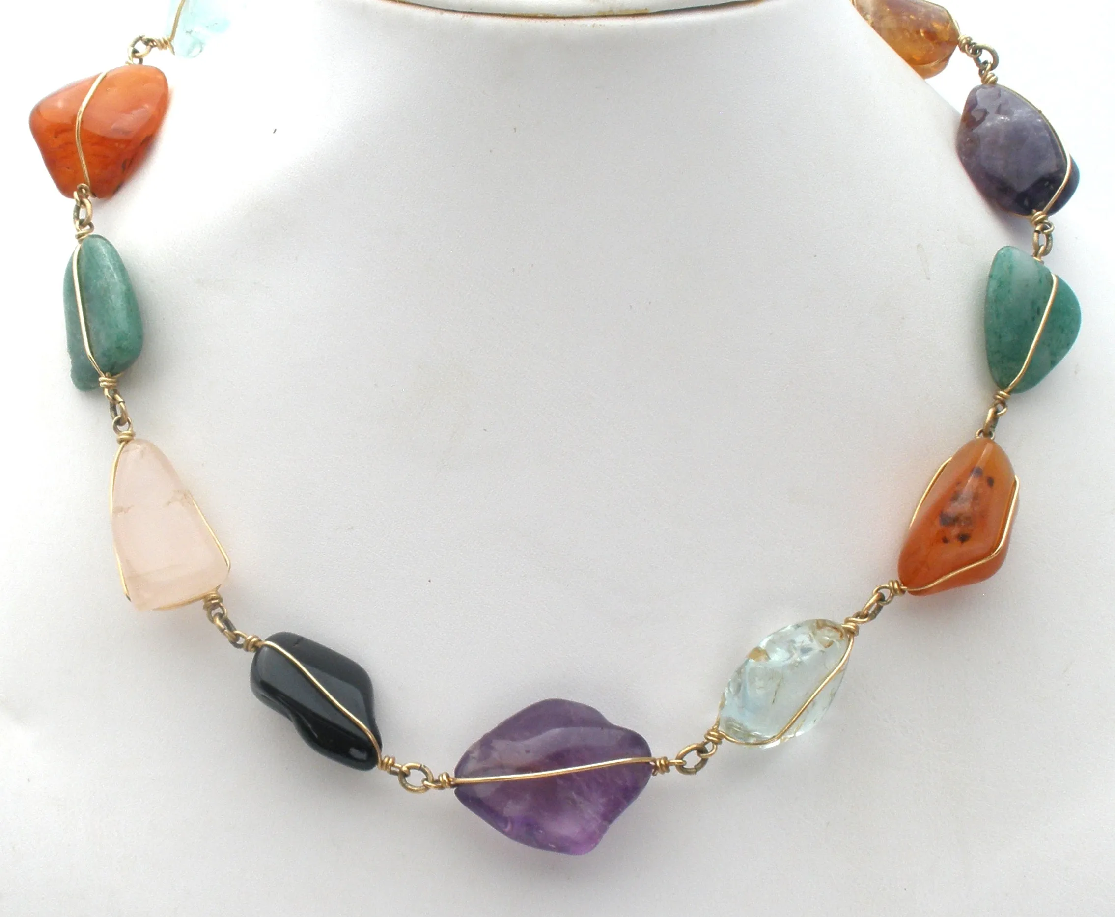 Multi Nugget Gemstone Wire Work Necklace 16"