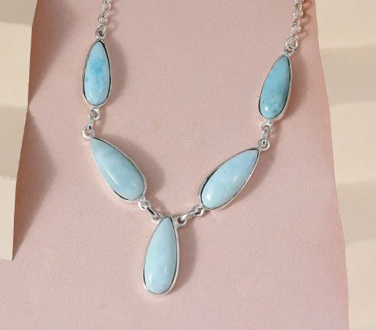 Natural Pear Cut Larimar Princess Wedding Necklace  - 925 Solid Sterling Silver Necklace