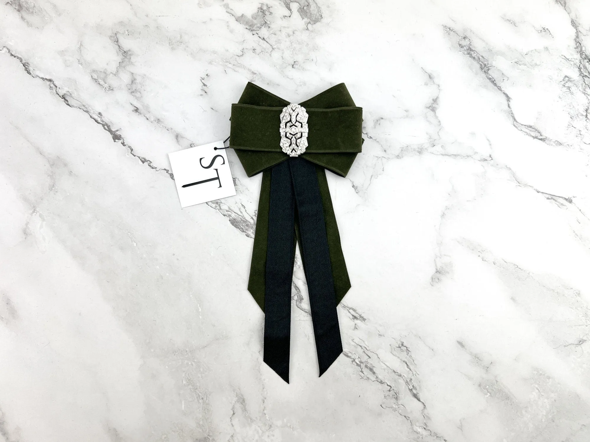 Olive Green and Black Ribbon Brooch with Silver Piece JWY00037