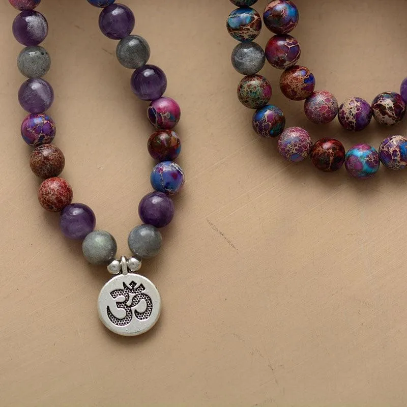 'OM Charm' Jasper, Amethyst, Labradorite 108 Mala