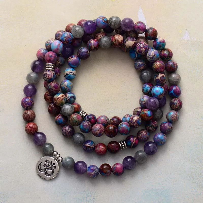 'OM Charm' Jasper, Amethyst, Labradorite 108 Mala