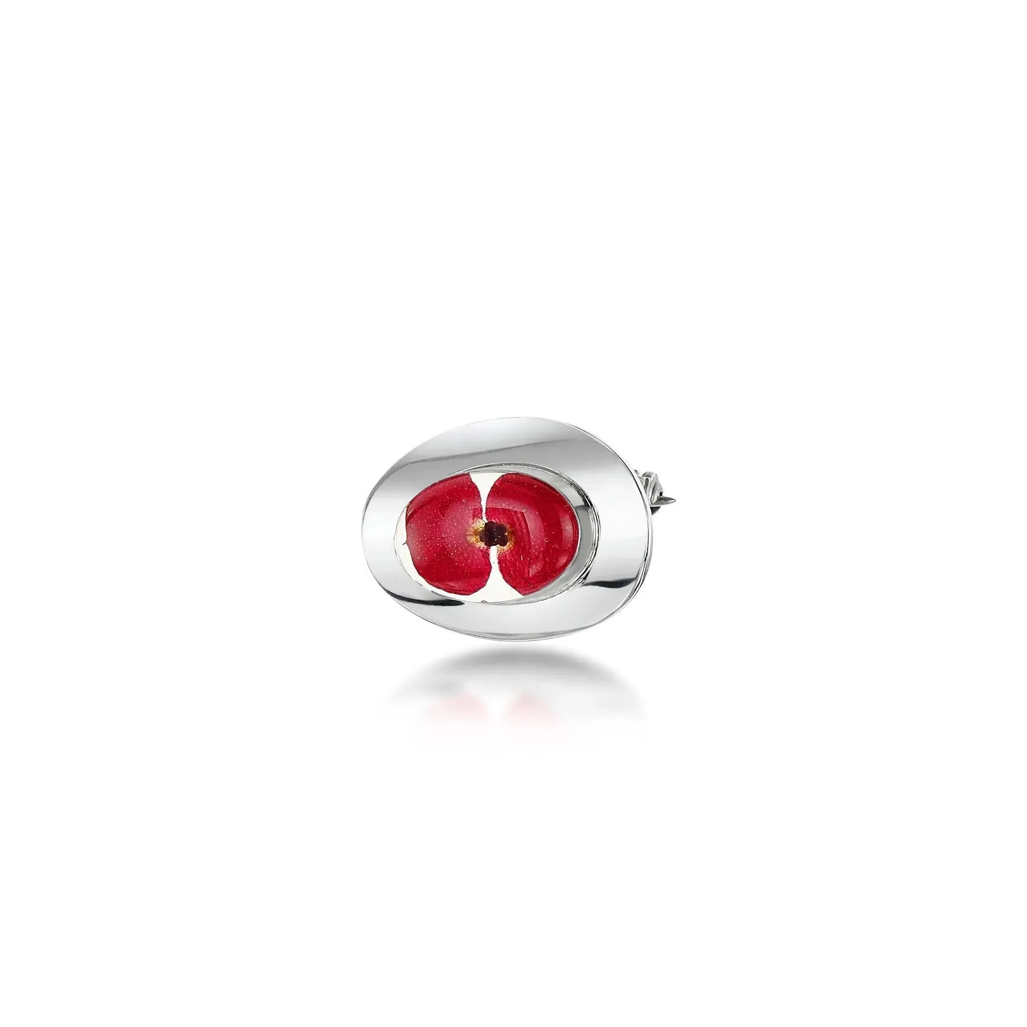 Poppy Brooch . Sterling silver small oval brooch handmade with real flowers