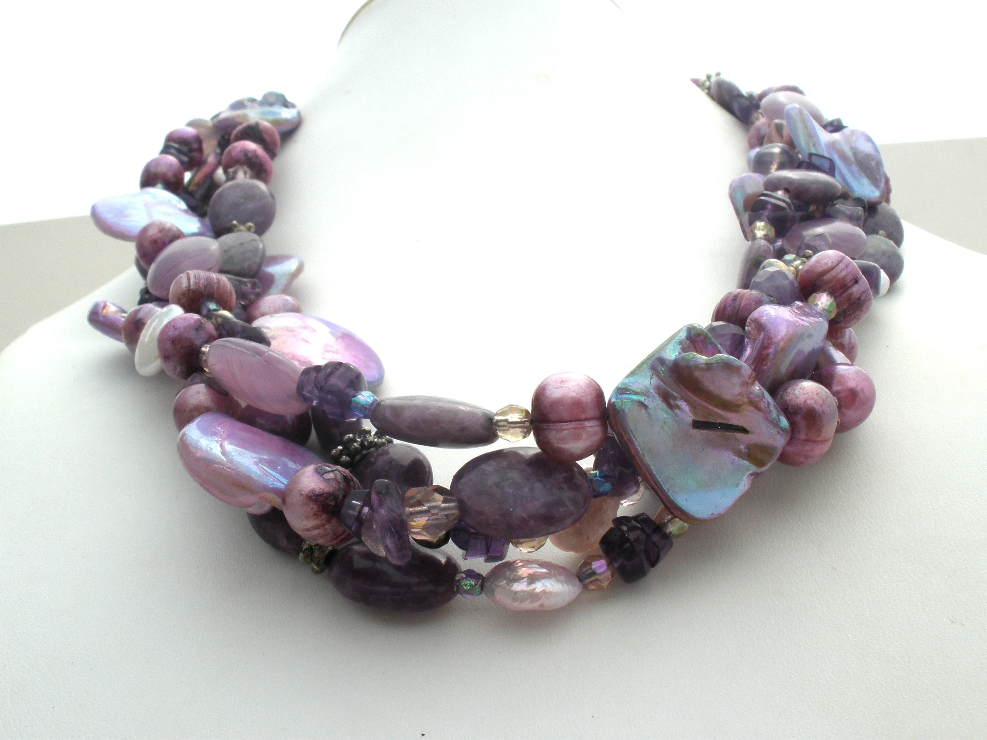 Purple Shell Amethyst Agate Pearl Sterling Necklace