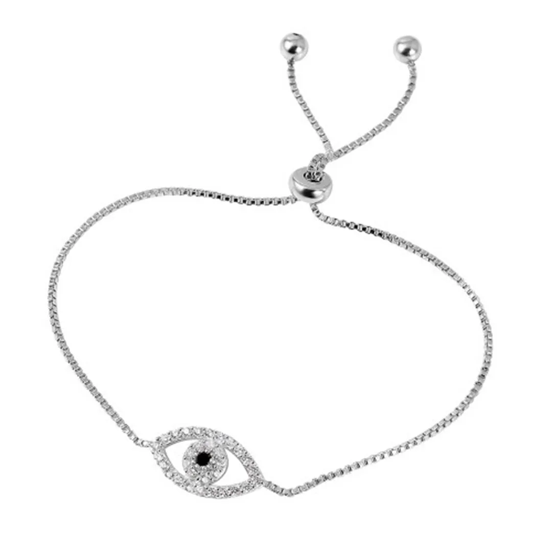 Rhodium Plated Adjustable Evil Eye Bolo Bracelet