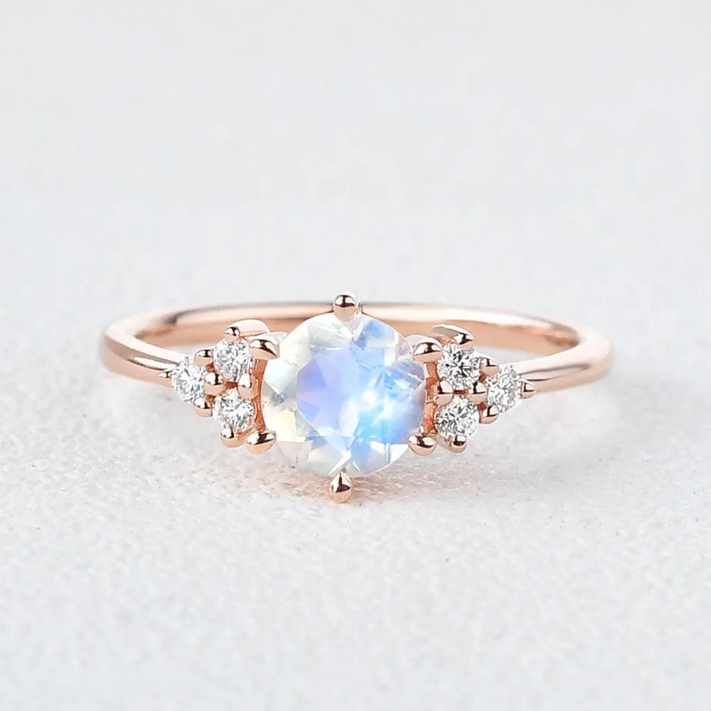 Round Blue Moonstone & Moissanite Rose Gold Ring