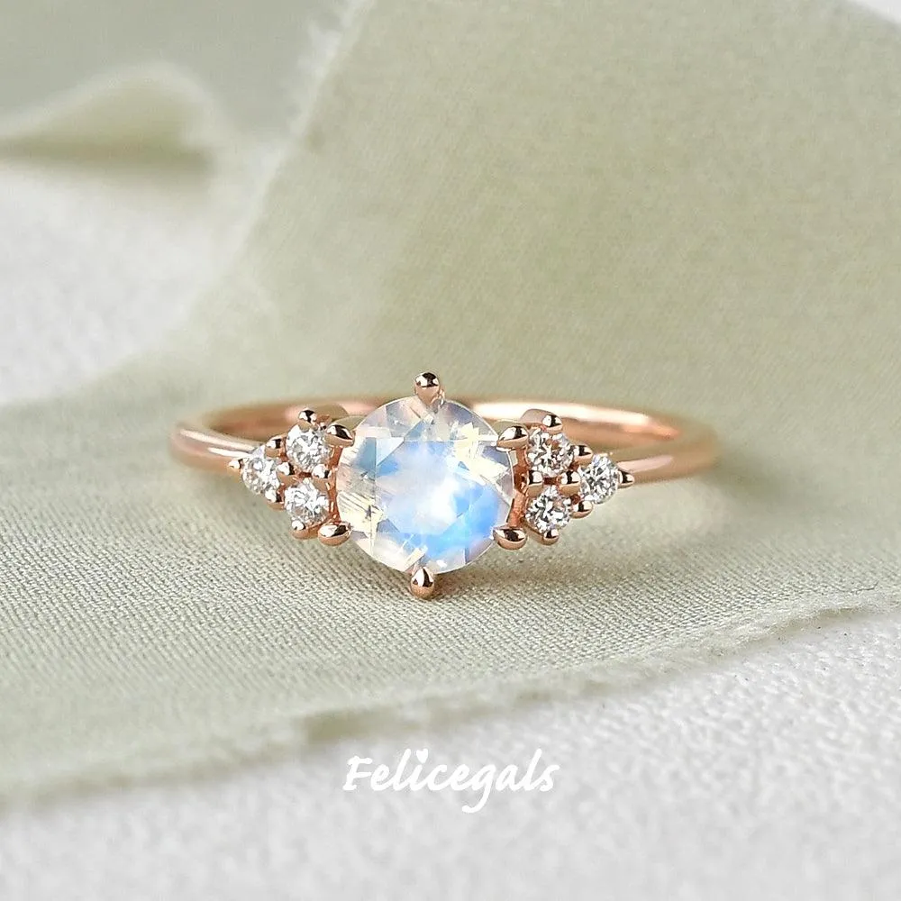 Round Blue Moonstone & Moissanite Rose Gold Ring