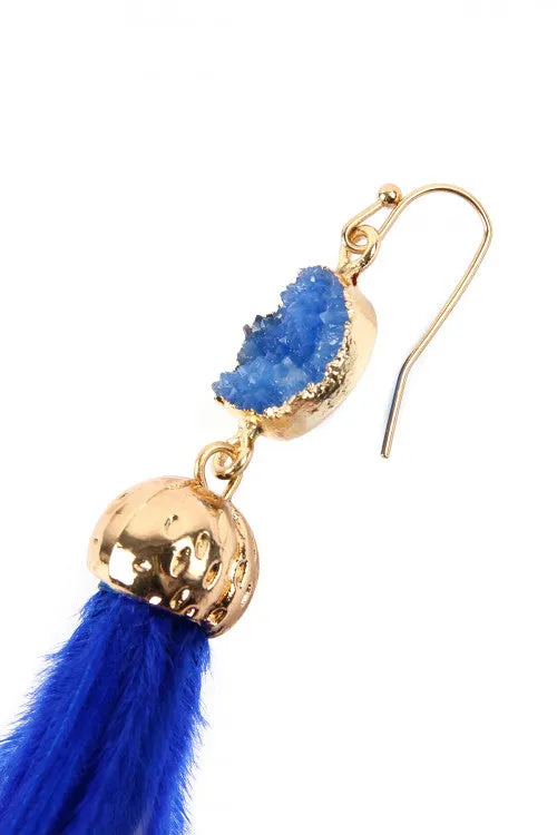 Sapphire Blue Druzy Stone Ostrich Feather Earrings