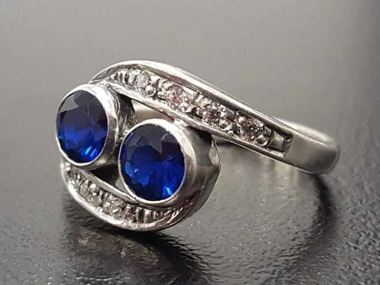 Sapphire Vintage Ring - Two Stone Ring - Blue Bezel Ring