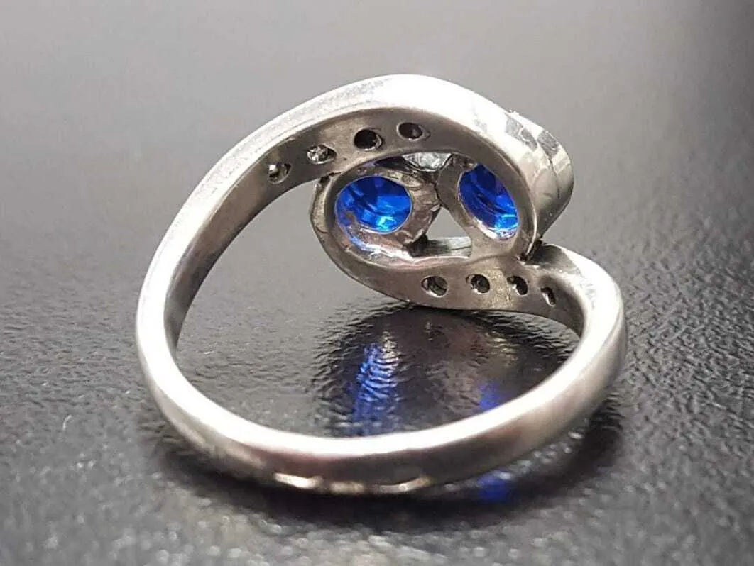 Sapphire Vintage Ring - Two Stone Ring - Blue Bezel Ring