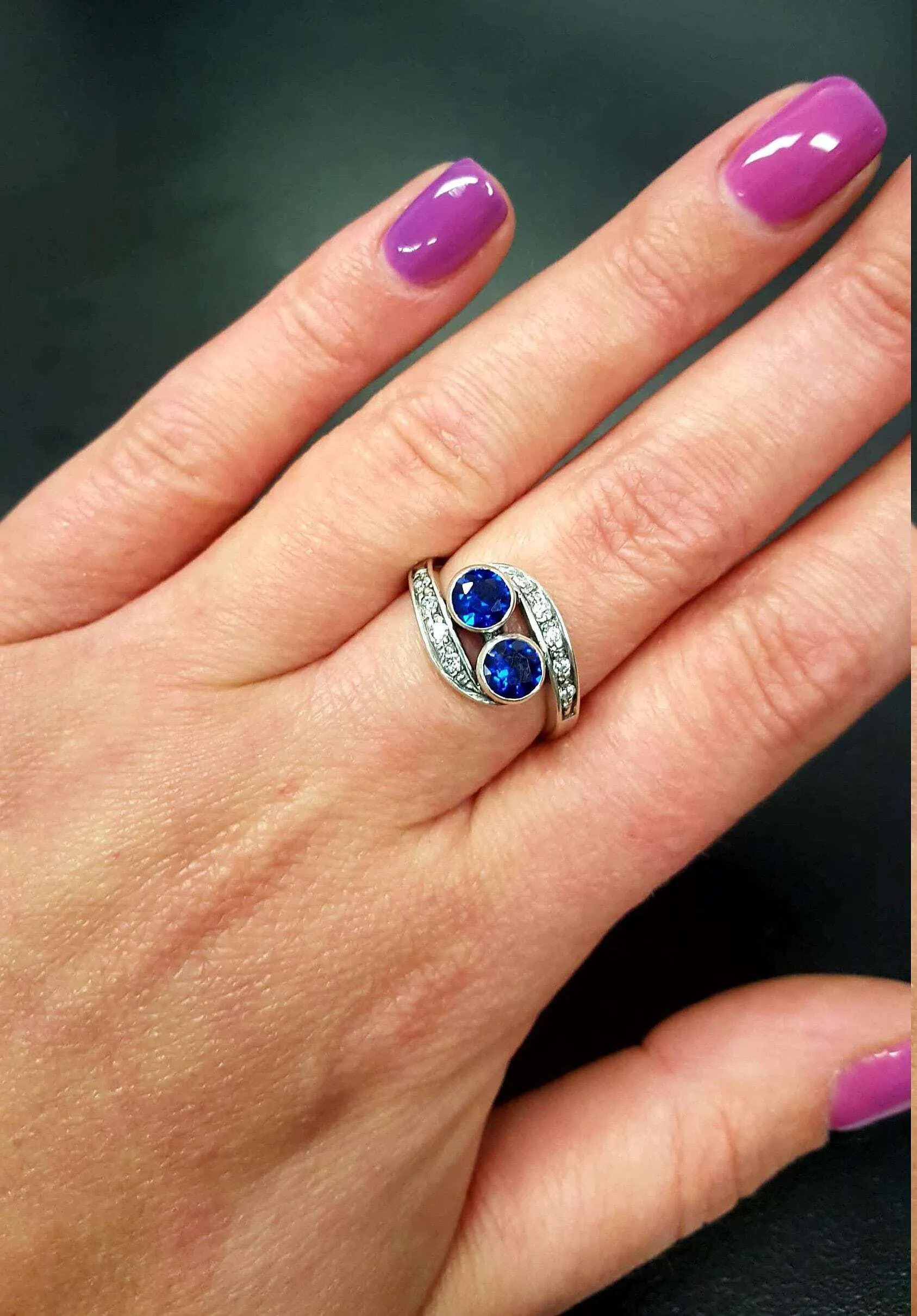 Sapphire Vintage Ring - Two Stone Ring - Blue Bezel Ring