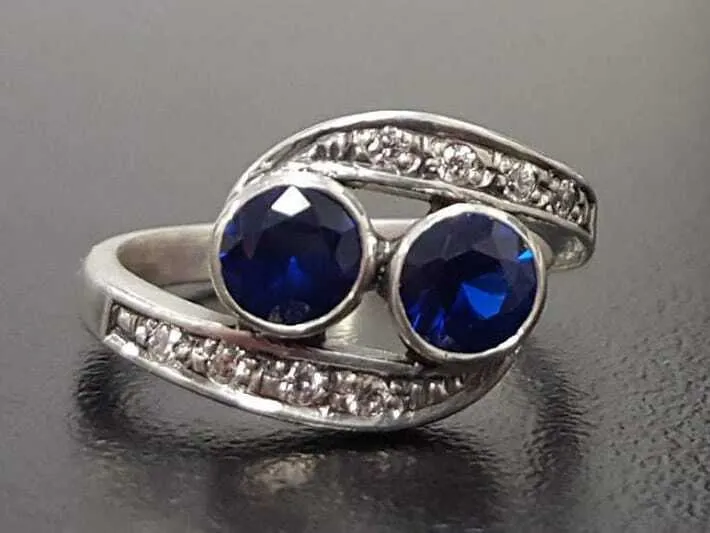 Sapphire Vintage Ring - Two Stone Ring - Blue Bezel Ring