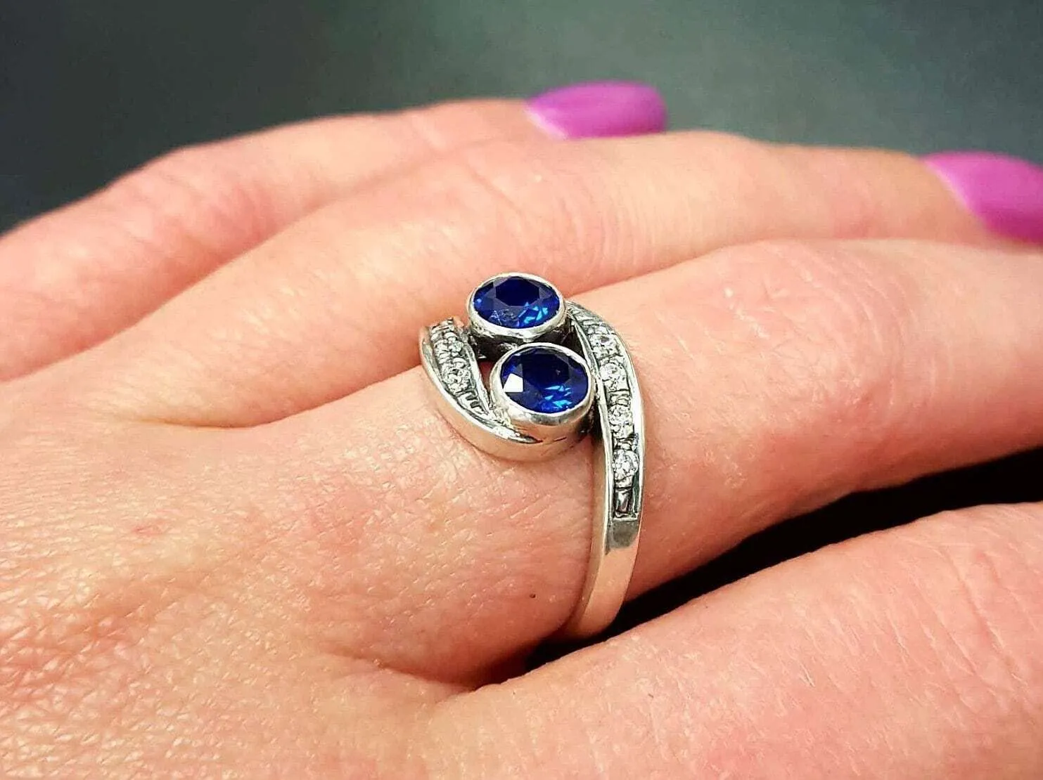 Sapphire Vintage Ring - Two Stone Ring - Blue Bezel Ring