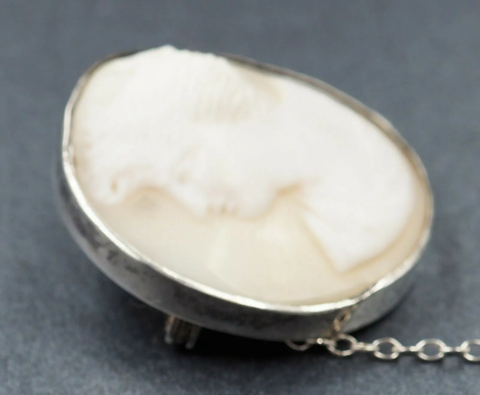 Shell Cameo Sterling Silver Brooch with Safety Chain