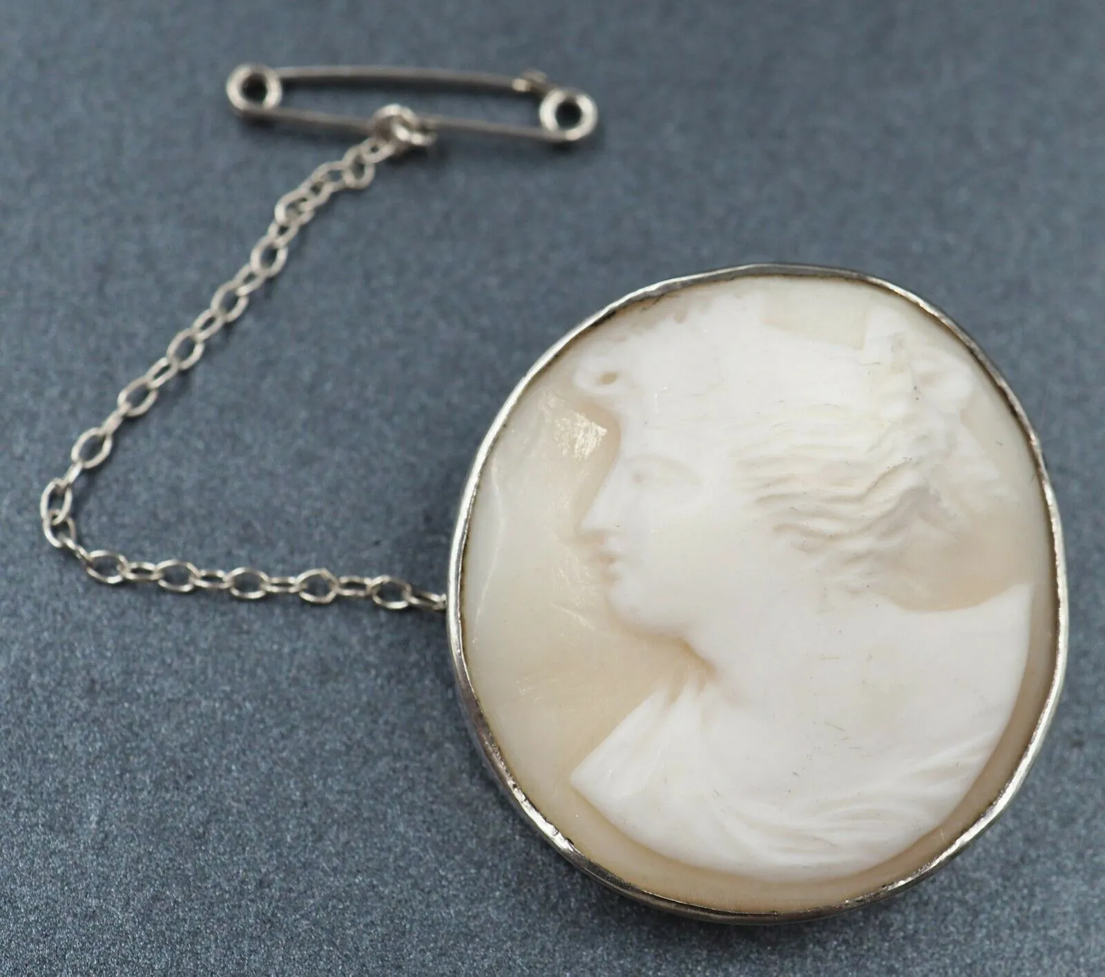 Shell Cameo Sterling Silver Brooch with Safety Chain