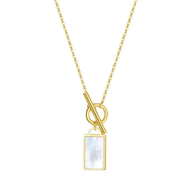 Shell Rectangle Pendant T-Bar Chain Necklace Gold