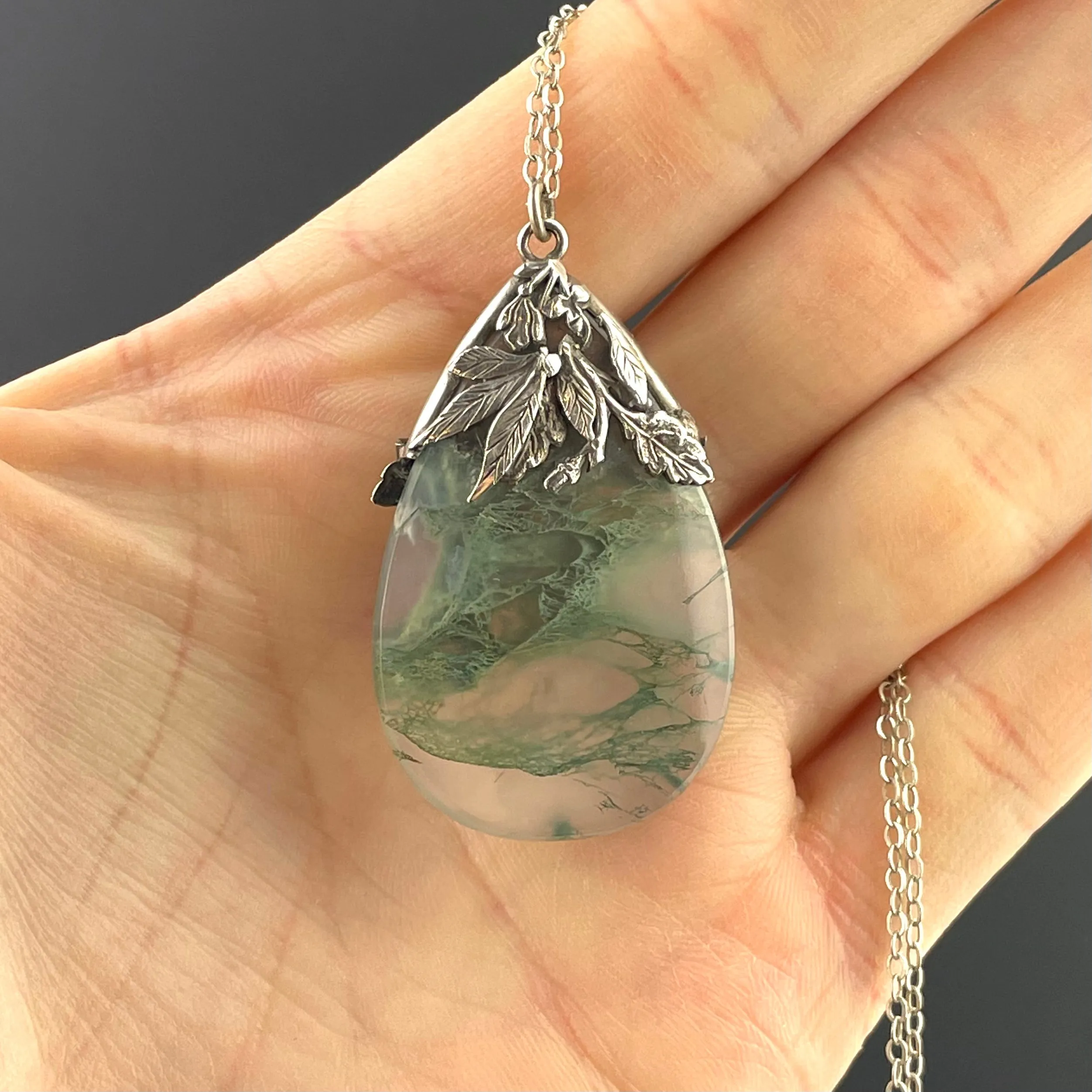 Silver Art Deco Moss Agate Brooch Pendant Necklace