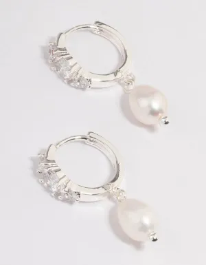 Silver Plated Freshwater Pearl Drop Cubic Zirconia Small Huggie Earrings